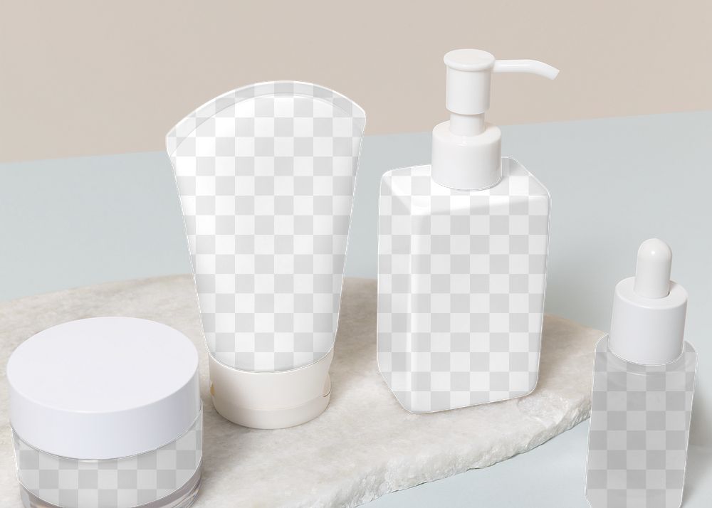 Skincare bottles png mockup, transparent cut out design, beauty business branding