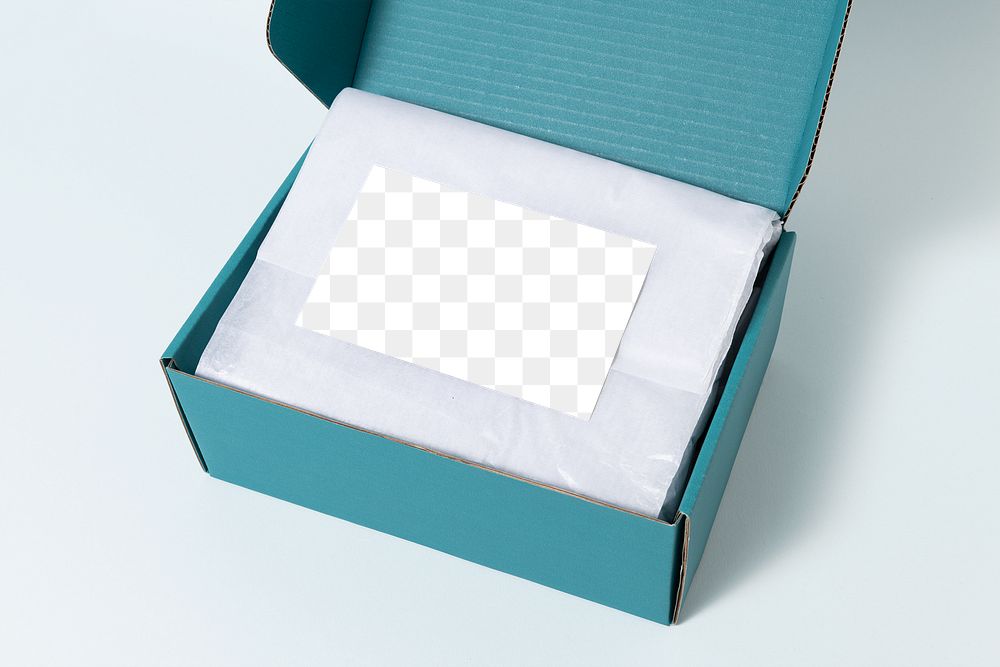 Business card png mockup, transparent label design, blue parcel box