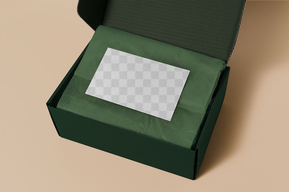 Business card png mockup, transparent label design, green mailing box