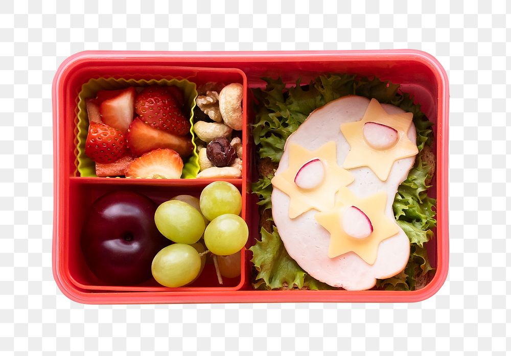 Png bento lunch, kids food art with sandwich and strawberries