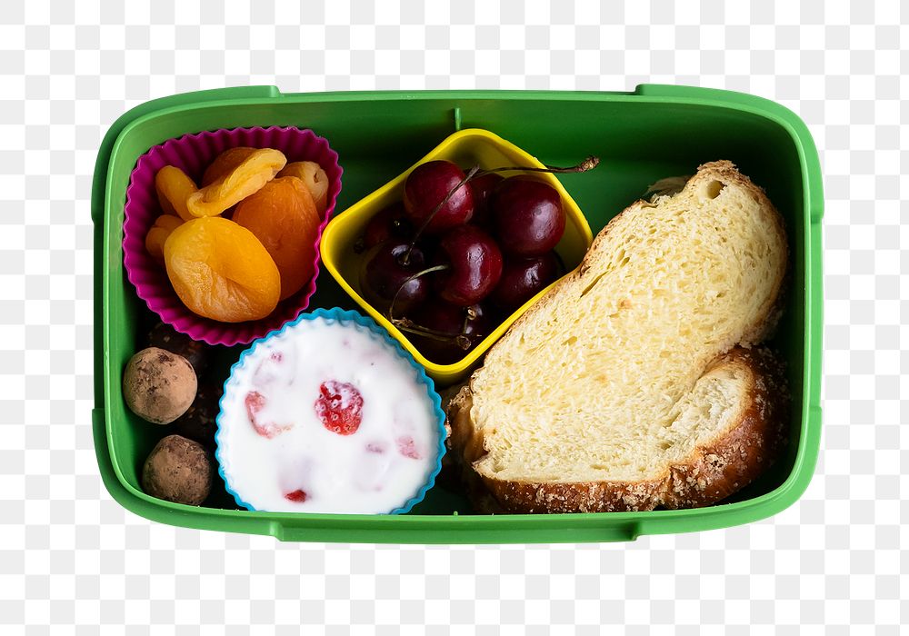 Png kids healthy food lunchbox, challah bread and dried fruits