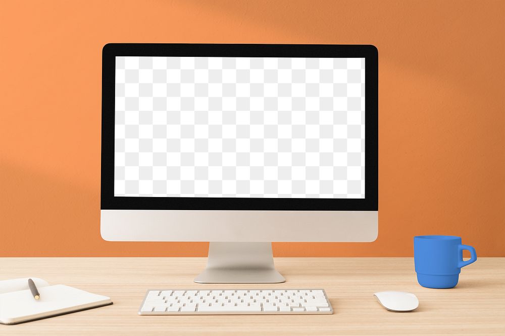 Computer screen mockup png, minimal workspace, orange wall with shadow design