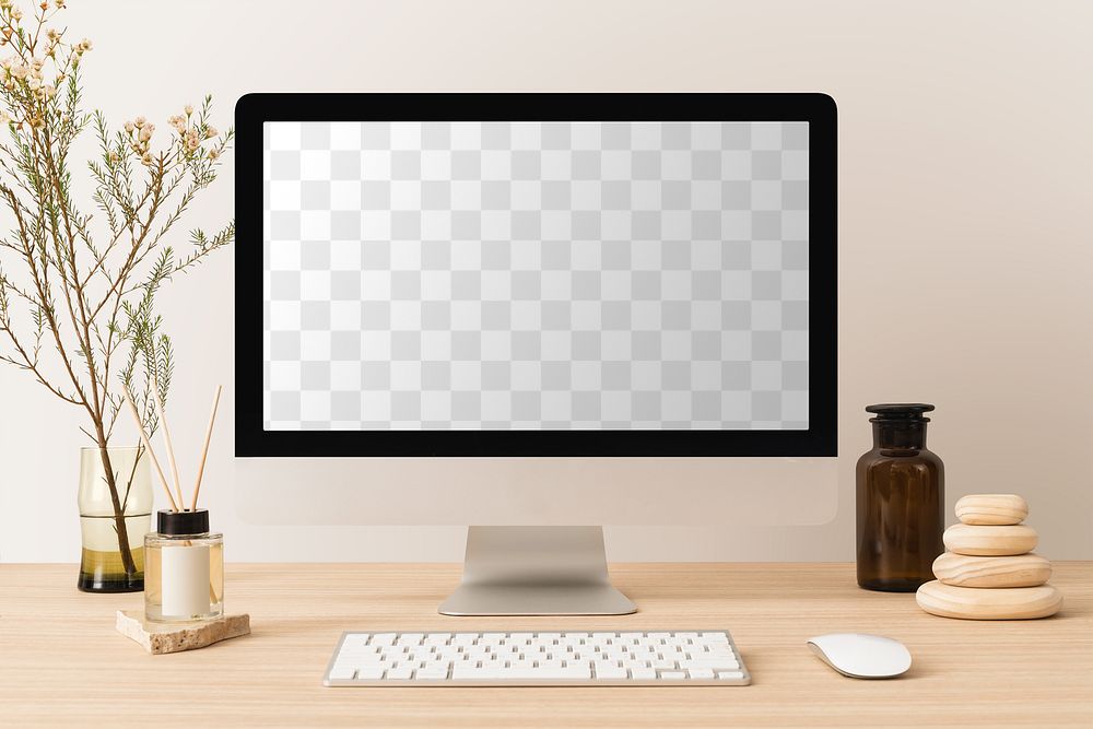 Computer mockup png, transparent screen, minimal workspace with home aroma