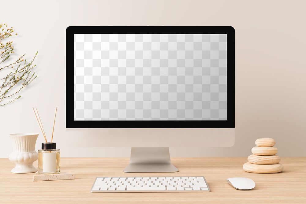 Computer mockup png, transparent screen, minimal workspace with home aroma