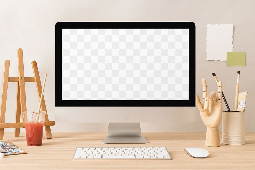 Computer mockup png, transparent screen, minimal artist workspace design