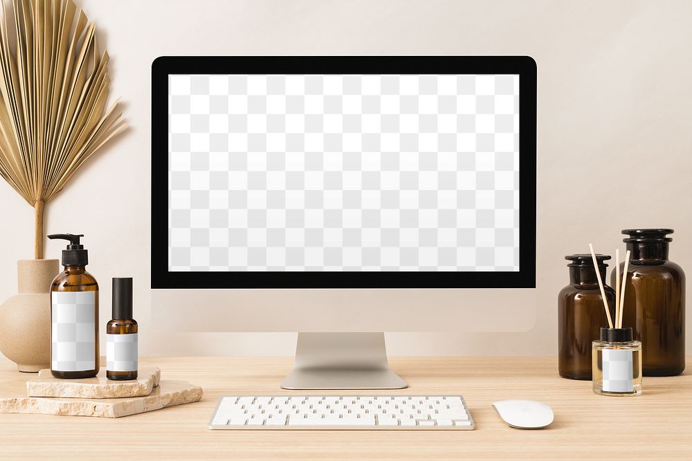Transparent computer screen png mockup, minimal workspace with home aroma