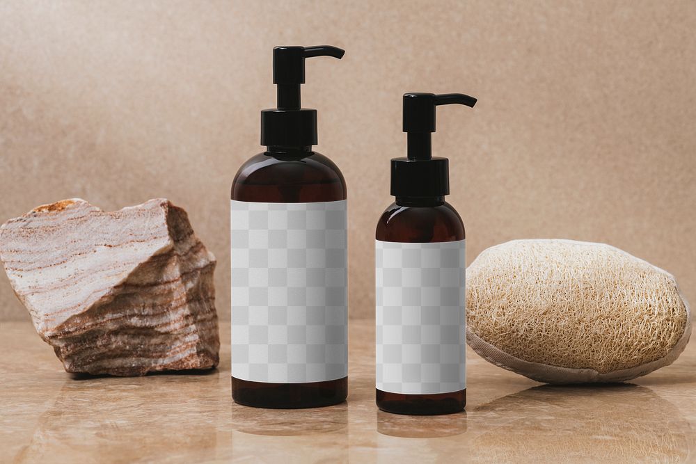 Label mockup png, brown pump bottle, skincare product design