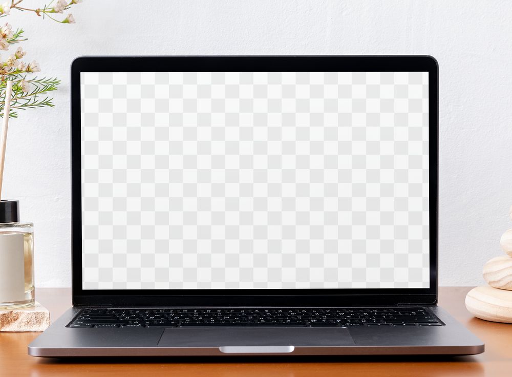 Laptop mockup png, transparent screen, minimal workspace with home aroma