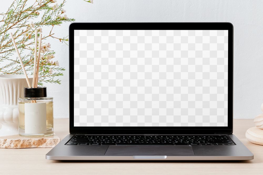 Transparent laptop screen png mockup, minimal workspace with home aroma