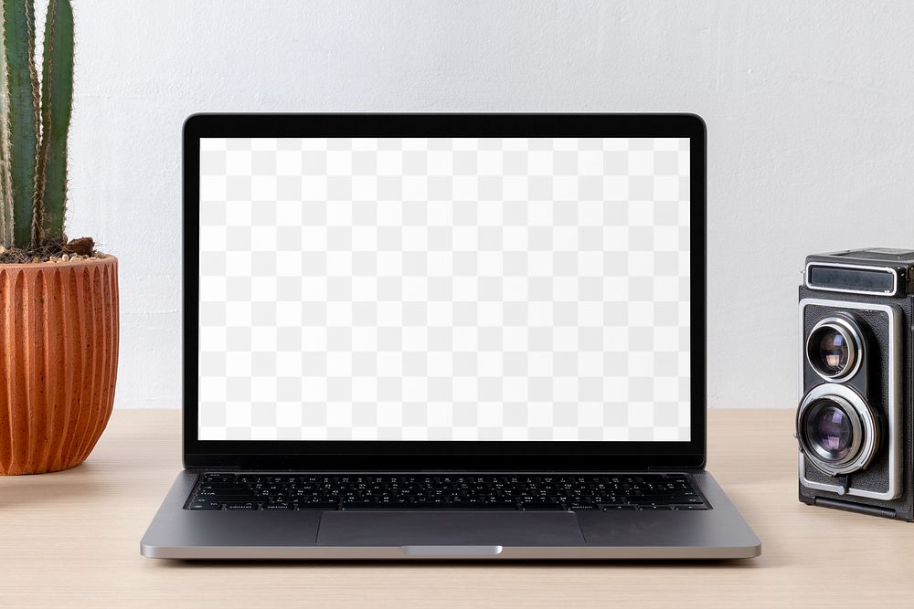 Laptop transparent png screen mockup, minimal workspace with film cameras