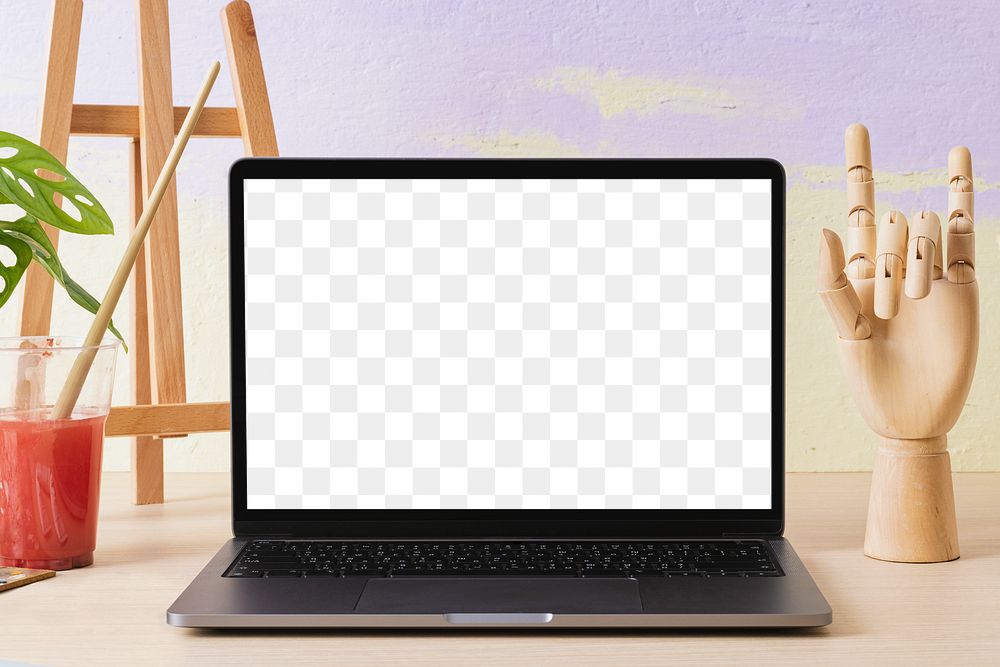 Transparent laptop screen mockup png, aesthetic workspace for artist