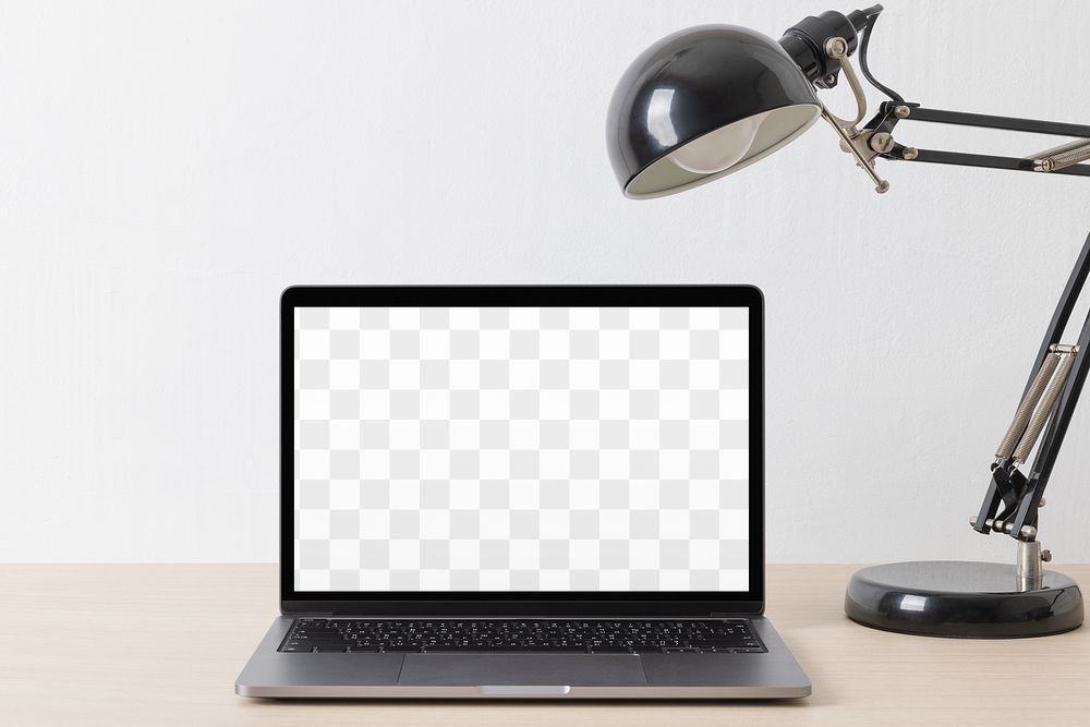 Laptop screen mockup, minimal workspace design with black table lamp, psd