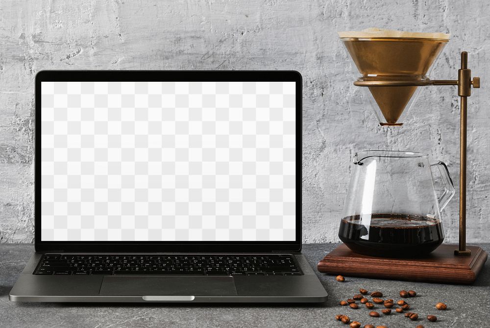 Laptop screen mockup png, minimal workspace for coffee lover