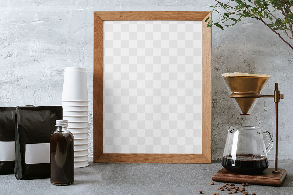Wooden picture frame mockup psd/png, coffee shop interior decoration