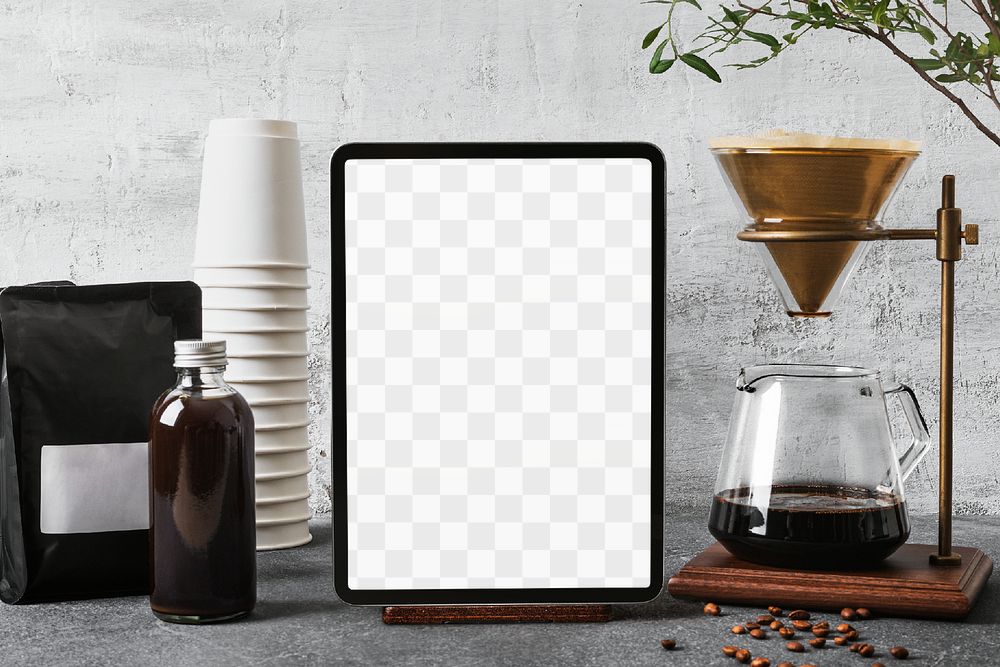 Transparent tablet screen mockup png, coffee shop smart technology