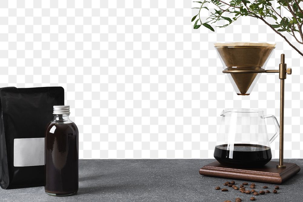 Transparent wall mockup png, coffee shop with pour over coffee maker