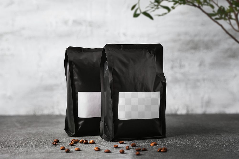 Transparent mockup png, black coffee bag, pouch packaging design