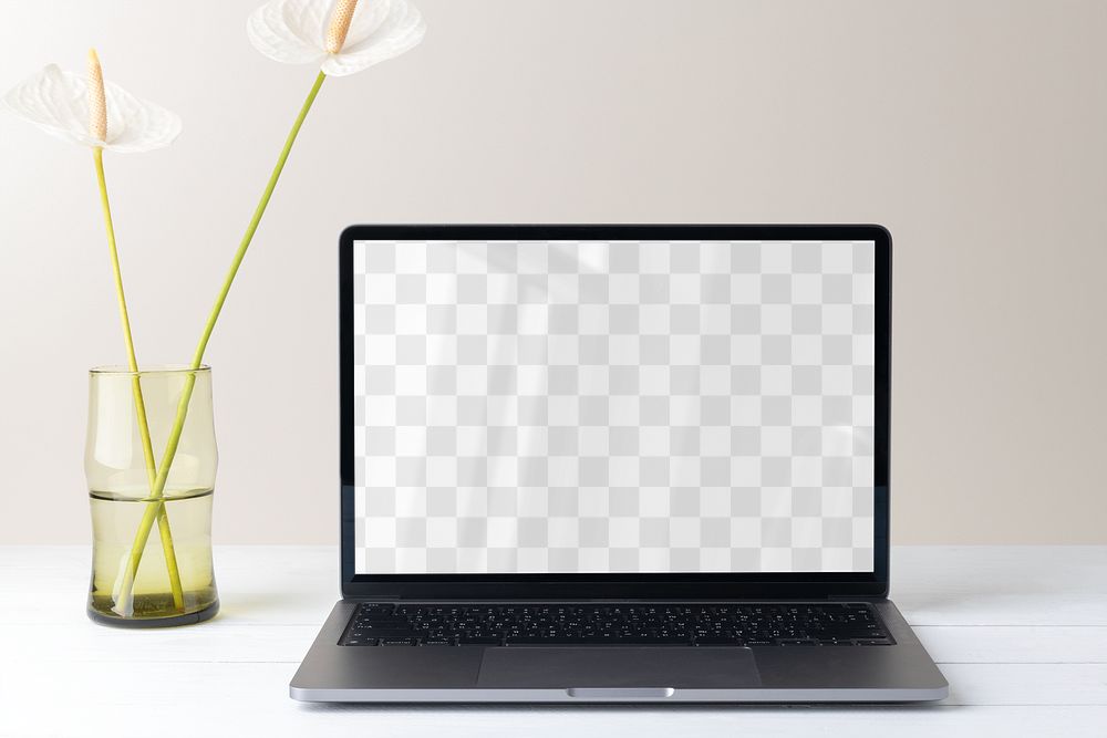 Laptop transparent screen png mockup, minimal workspace, white flower decoration