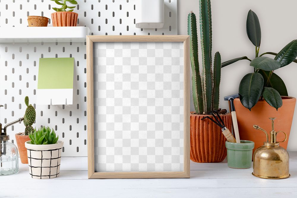 Wooden picture frame mockup png, green workspace decoration, home interior design