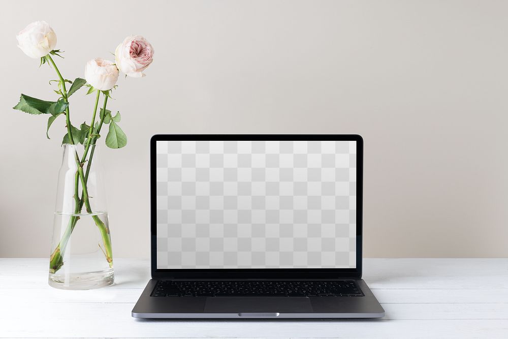Transparent png, laptop screen mockup, minimal workspace, white flower decoration