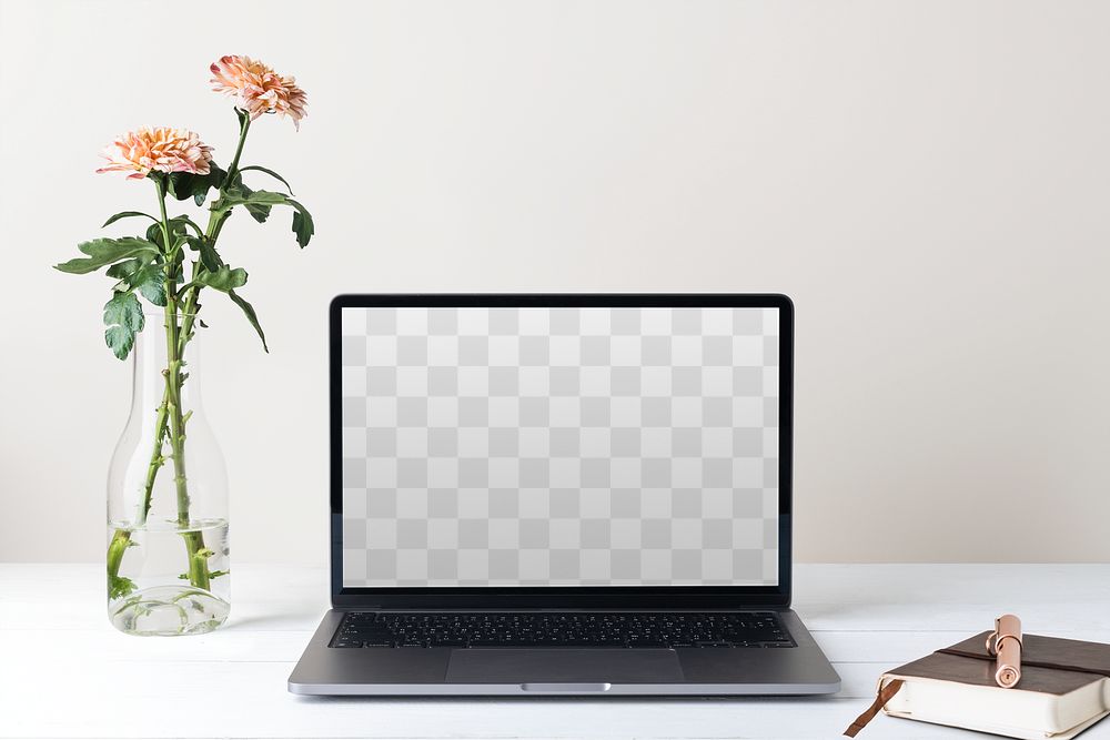 Laptop transparent screen png mockup, minimal workspace with flower in vase