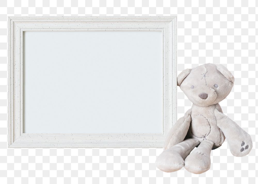 Blank picture frame png, cute plus bear toy, kids room decoration, isolated object