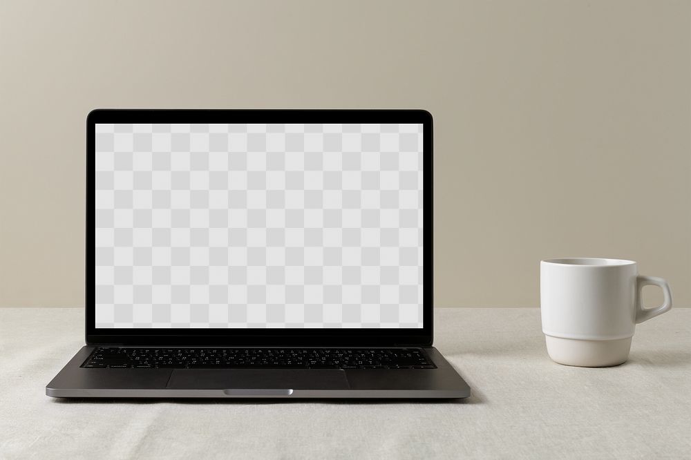Laptop png mockup, modern home interior, cup of coffee