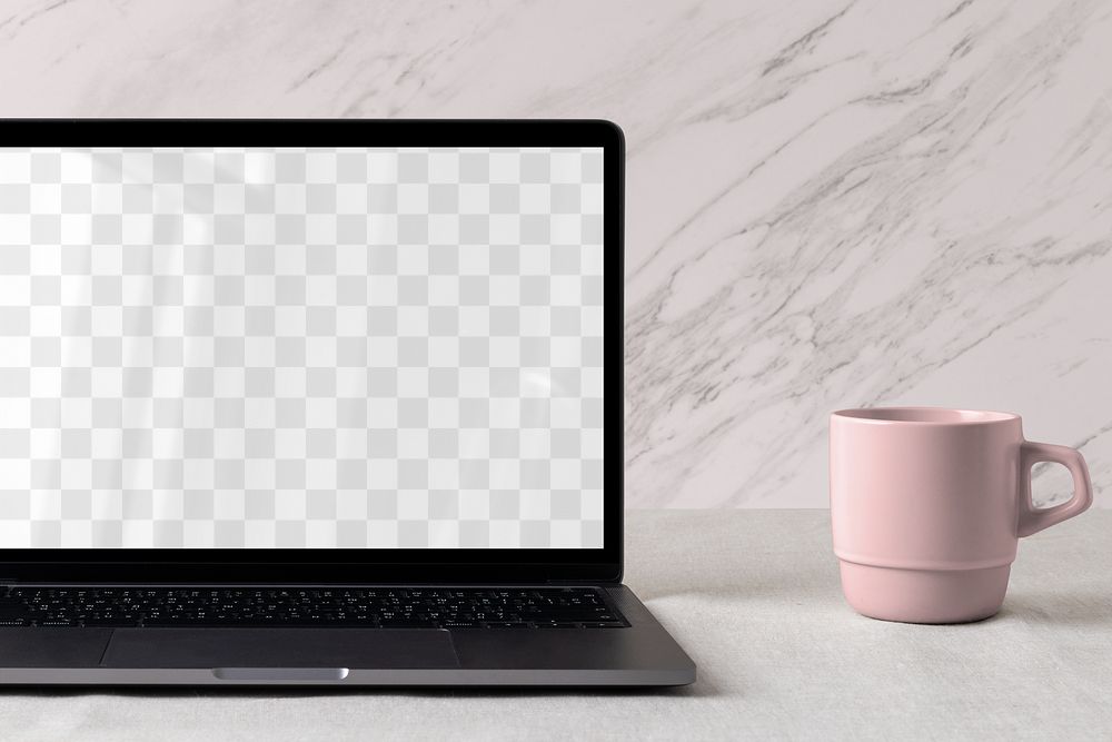 Laptop png mockup, feminine home interior, cup of coffee