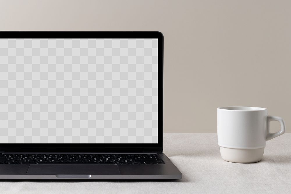 Laptop screen png mockup, modern home interior, cup of coffee