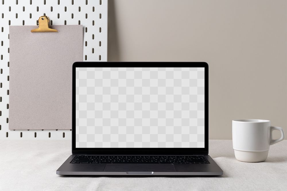 Computer laptop mockup png, feminine home interior, cup of coffee