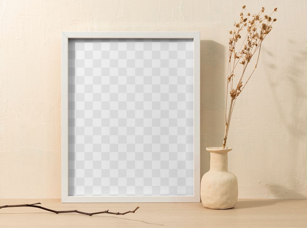 Photo frame mockup png, dried white flower decoration