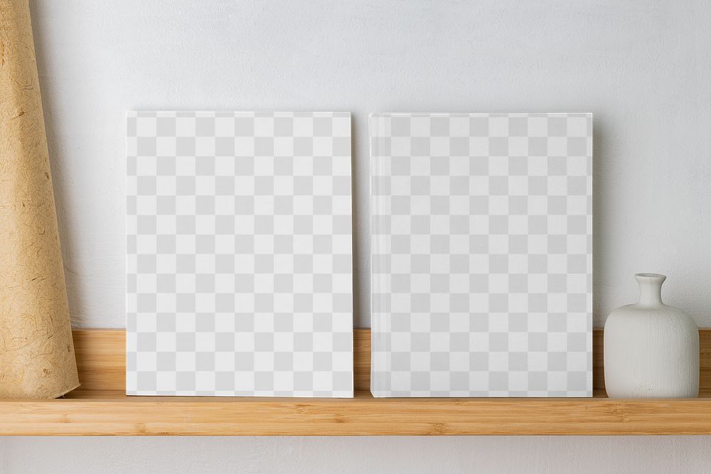 Two book mockups, transparent png frames on a wooden shelf