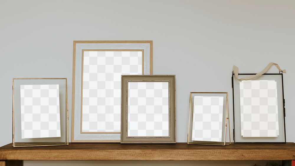 Picture frame png mockups, transparent design on shelf