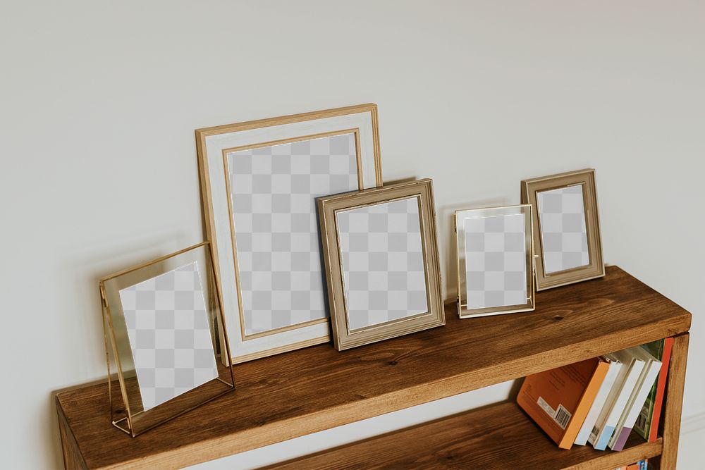 Aesthetic picture frame png mockups, on wooden shelf