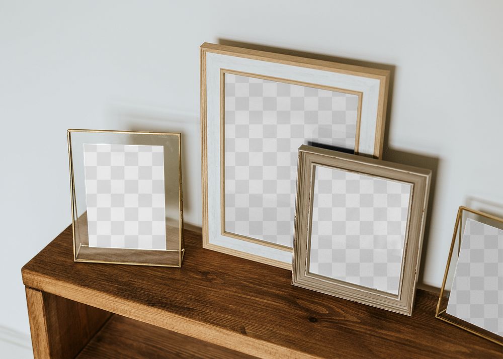 Png picture frame mockups, wooden shelf