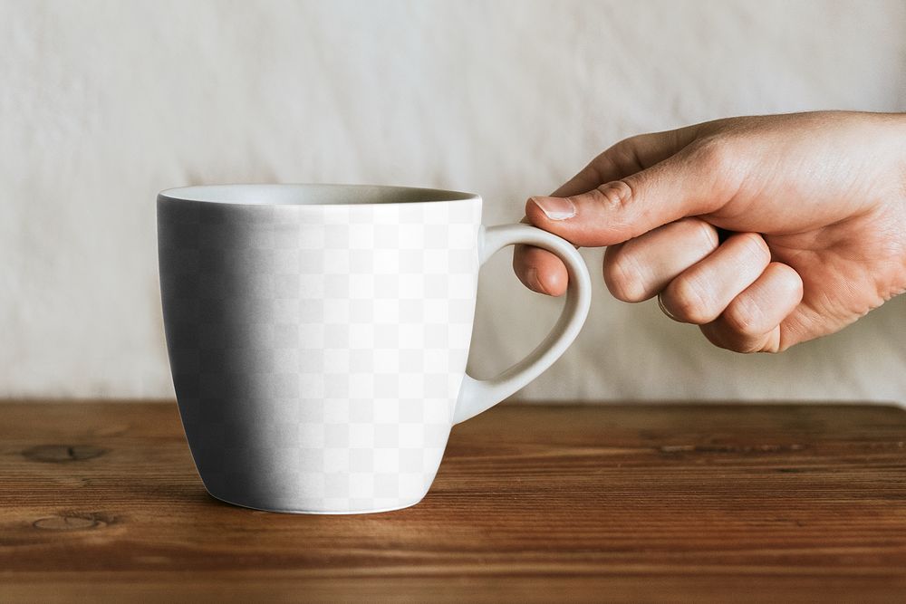 Coffee mug png mockup transparent design, hand holding cup