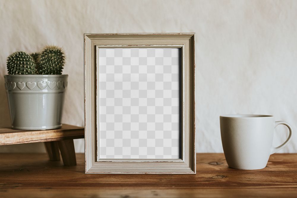 Wooden picture frame png mockup, work space with coffee cup