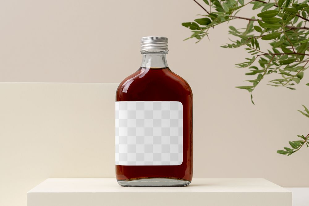 Glass bottle mockup png, transparent label design, cold brew coffee product packaging