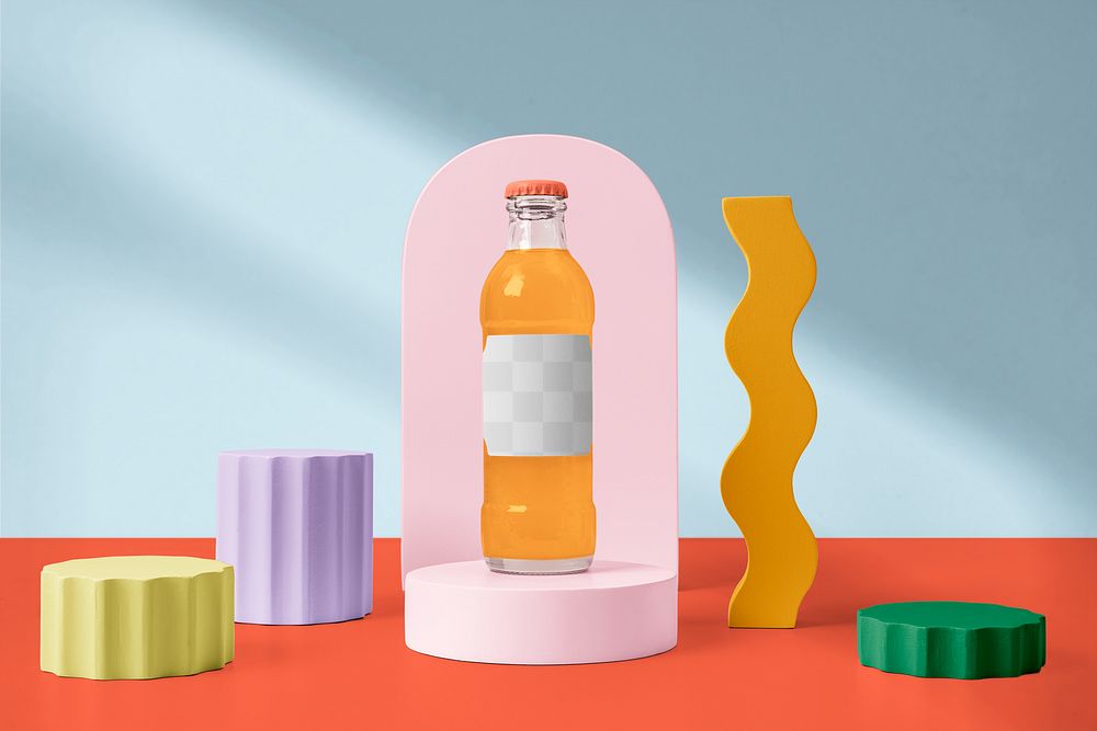 Glass bottle mockup png, transparent label design, soda beverage product packaging