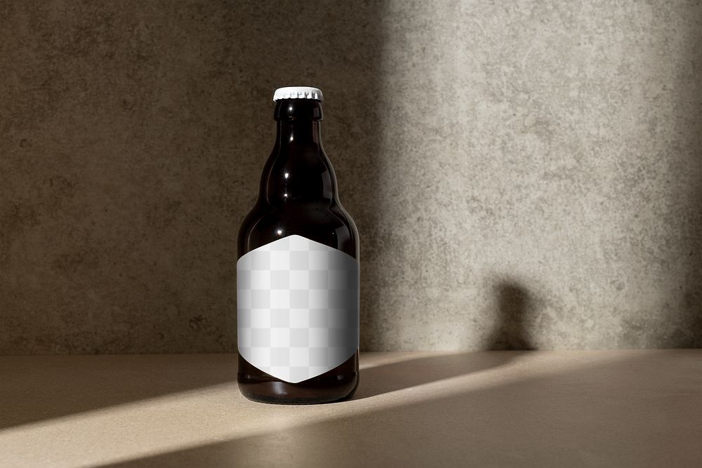 Glass bottle mockup png, transparent label design, beer product packaging