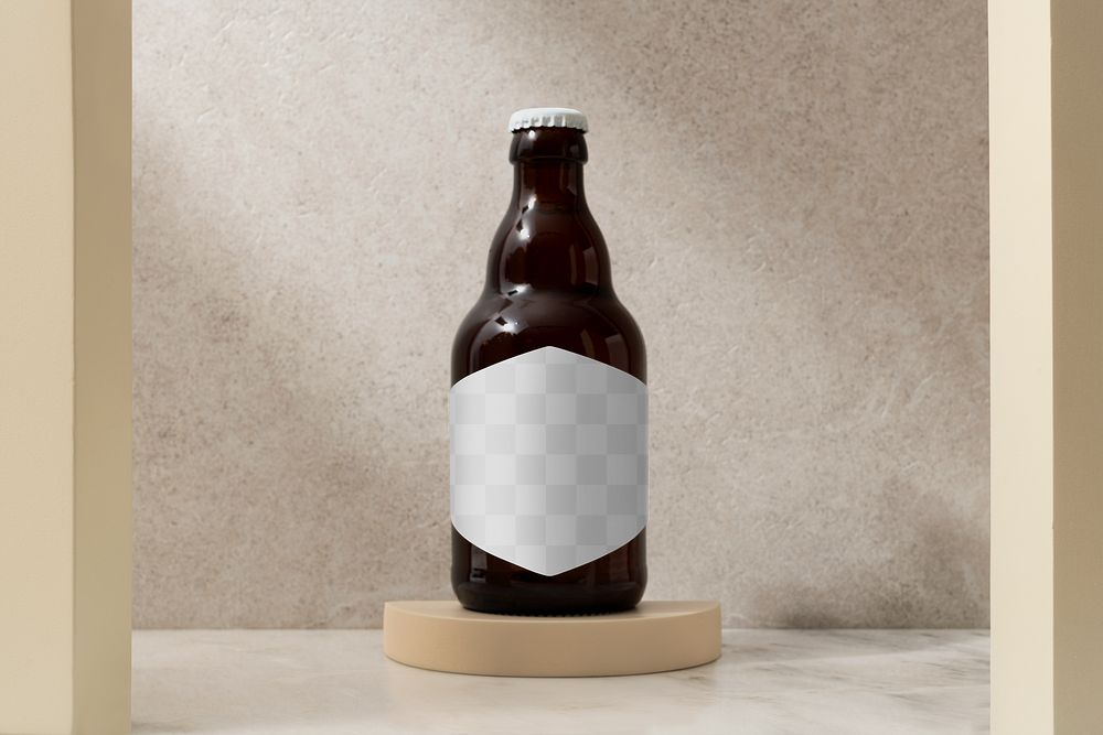 Glass bottle mockup png, transparent label design, beer product packaging