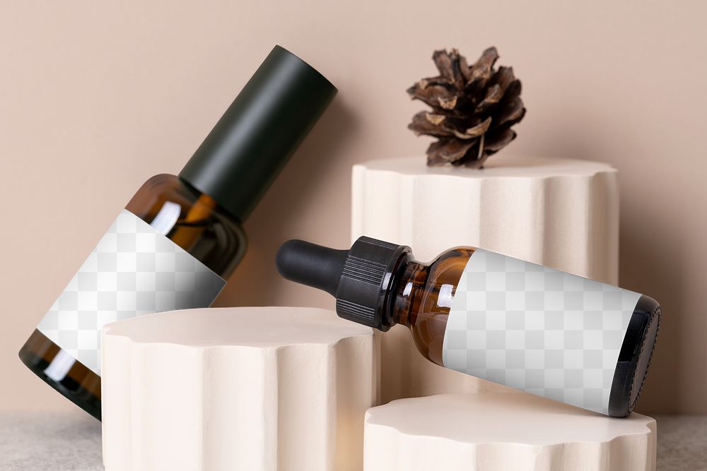Serum bottles png, label mockup design, skincare product packaging
