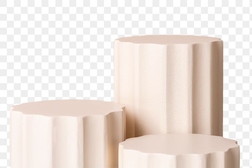 Product podium png, transparent background, cylinder shape, beige geometric design