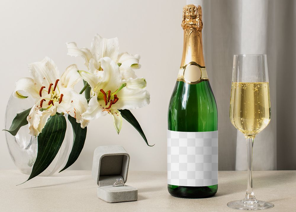 Champagne bottle png label mockup, engagement ring, beverage product packaging