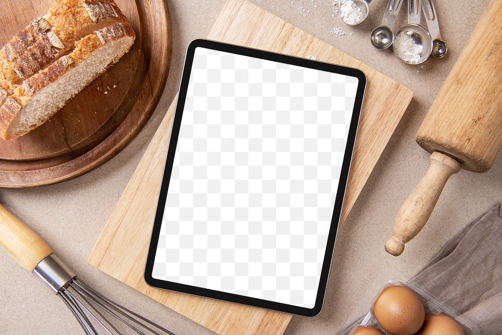 Tablet screen png mockup, transparent digital device at the bakery