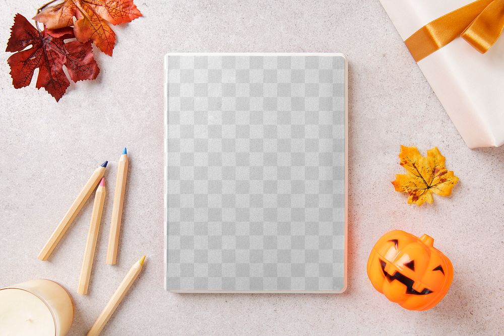 Notebook png, transparent cover mockup, Halloween autumn stationery, flat lay design