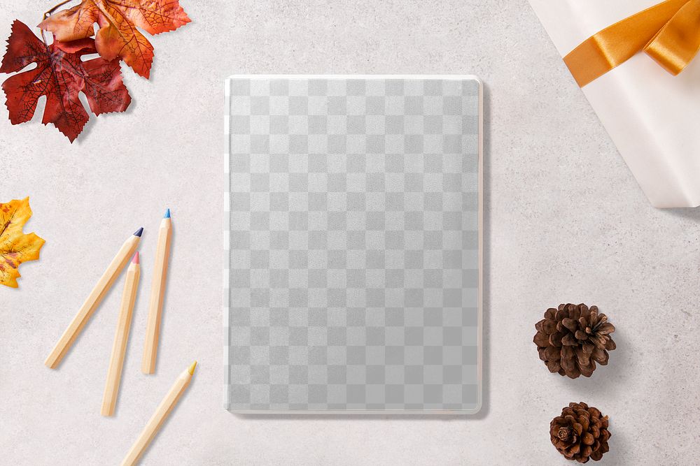 Notebook png, transparent cover mockup, autumn stationery, flat lay design