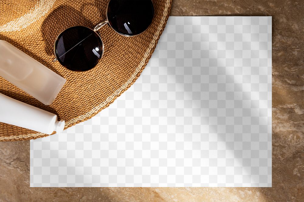 Flyer mockup png transparent, flat lay design with sunglasses and hat