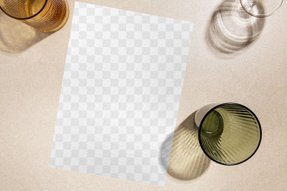 Flyer mockup png transparent, flat lay design with glass