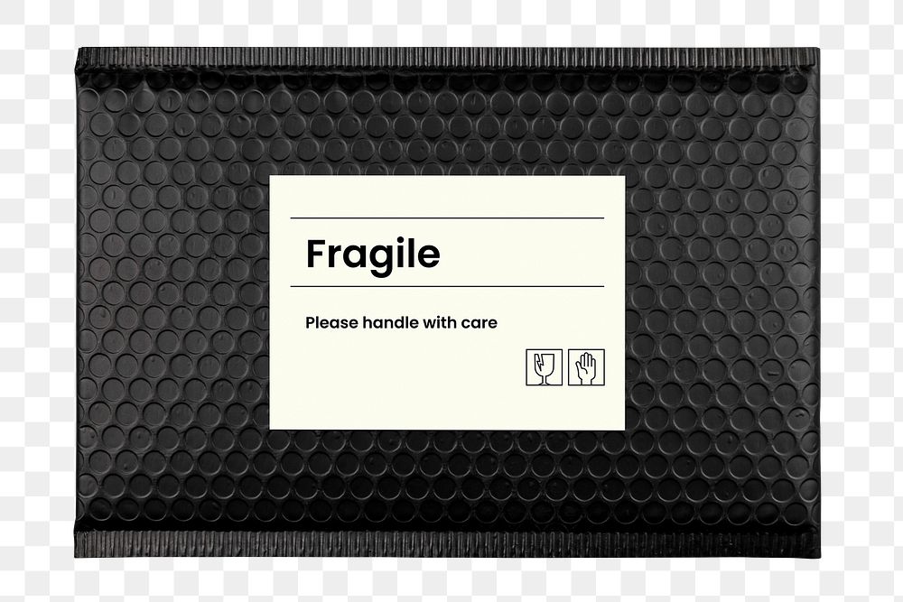 Black bubble mailer png, fragile label, shipping packaging design, transparent background